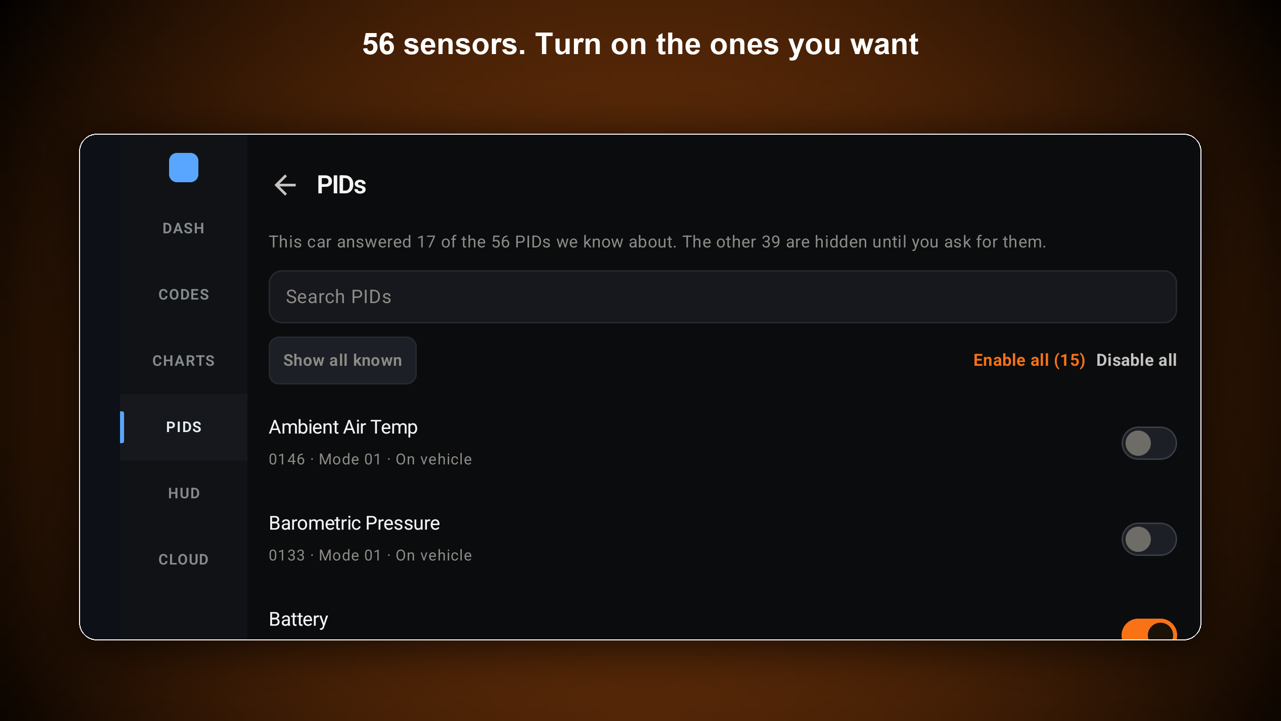 RevDash PIDs (landscape) — enable sensors the car answered; Mode 01 and computed